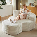 74.6 Oversized Round Chaise Lounge Chair with Ottoman Indoor Fluffy Upholstered Corduroy Deep Seat Large Boneless Circle Couch Sofa Chairs for Living Room Bedroom No Assembly Required White