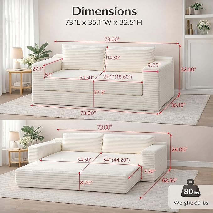 73 Convertible Sleeper Sofa Comfy Corduroy Foldable Sofa Bed with 2 Pillows Floor Sofa Lounge Couch in Box for Living Room Bedroom Lounge Studio No AssemblyBeige