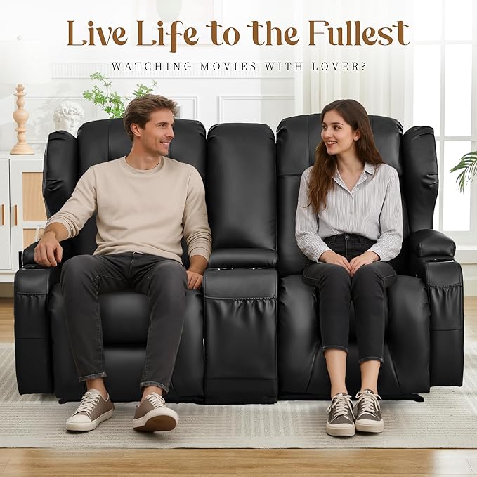 BINGTOO Manual Double Reclining Loveseat Sofa 2-Seater RV Wall Hugger Leather Couch for Living Room &amp Home Theater with Storage Console/Cup Holders/Side Pockets PU Black