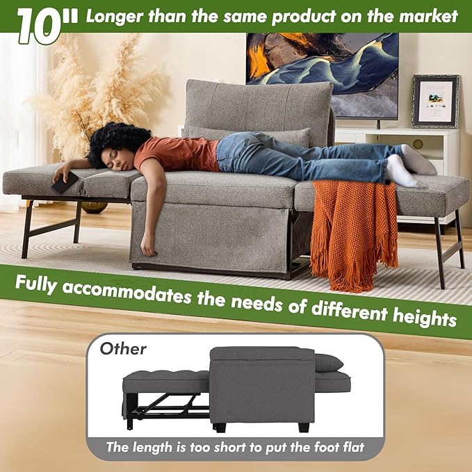 Sleeper Chair Bed Upgrade 4-in-1 to 5-in-1 Convertible Multi-fuction Sofa Chair w/Adjustable Backrest Assembly-Free Linen Folding Sofa Ottoman Bed for Living Room Apartment (Light Grey)