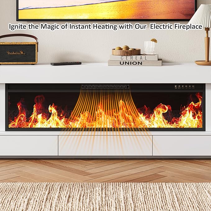 66.2 Fireplace TV Stand with 47 Electric Fireplace Heated Entertainment Center with Fireplace &amp 3 Drawers Modern Wood TV Console with 12 Electronic Flame Colors for Living Room White