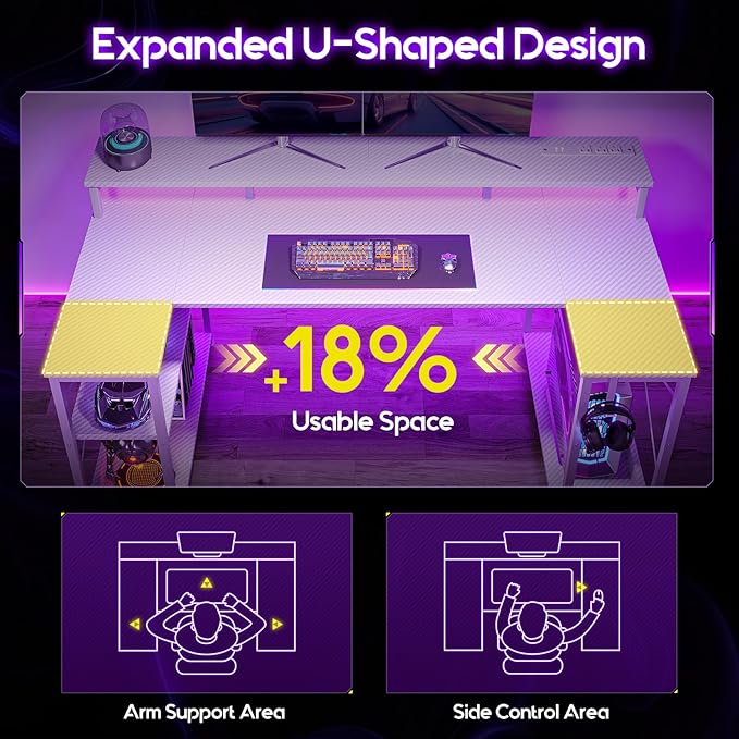 ODK 48 Inch Gaming Desk with LED Lights and Power Outlet U-Shaped Computer Desk with Monitor Stand and Storage Shelves PC Gamer Table for Home Office Carbon Fiber White