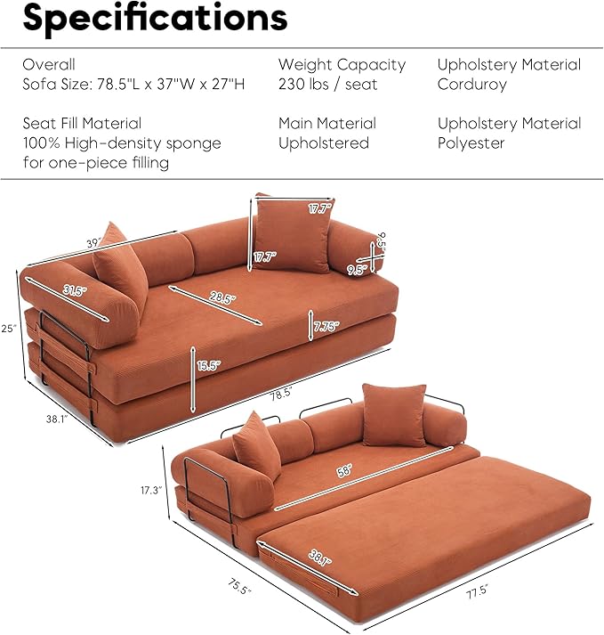 Convertible Sleeper Sofa Bed with Cylindrical Pillow Corduroy Folding Mattress Couch with Fixed-Shape Frame Floor Sofa Lounge Couch for Living Room Bedroom Lounge Studio Orange