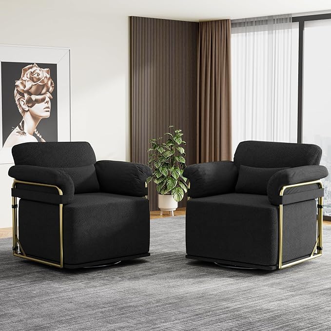 J.M.Deco Swivel Accent Sofa Chair Velvet Upholstered Reading Chair &amp Comfortable Armchair for Living Room Bedroom Reading Room Office (Square Seat * Black)