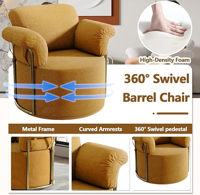 Swivel Accent Chairs for Living Room 360 Swivel Barrel Chair &amp Round Accent Chair with Armrests and Back for Office and Living Room (Orange)