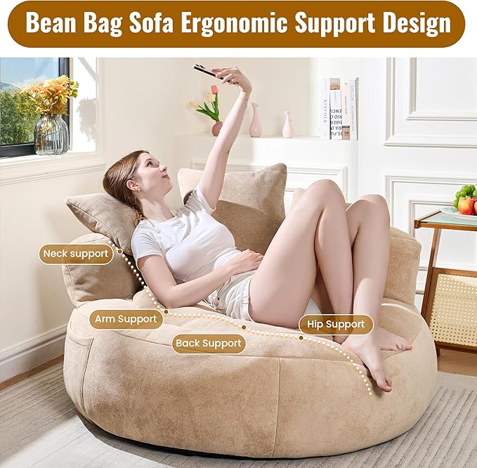 50 Bean Bag Chair with 3 Pillows Oversized Round Chaise Longue Chair Indoor No Assembly Couch Ultra Soft Faux Fur Floor Sofa Chair for Living Room Bedroom Apartment Office Khaki