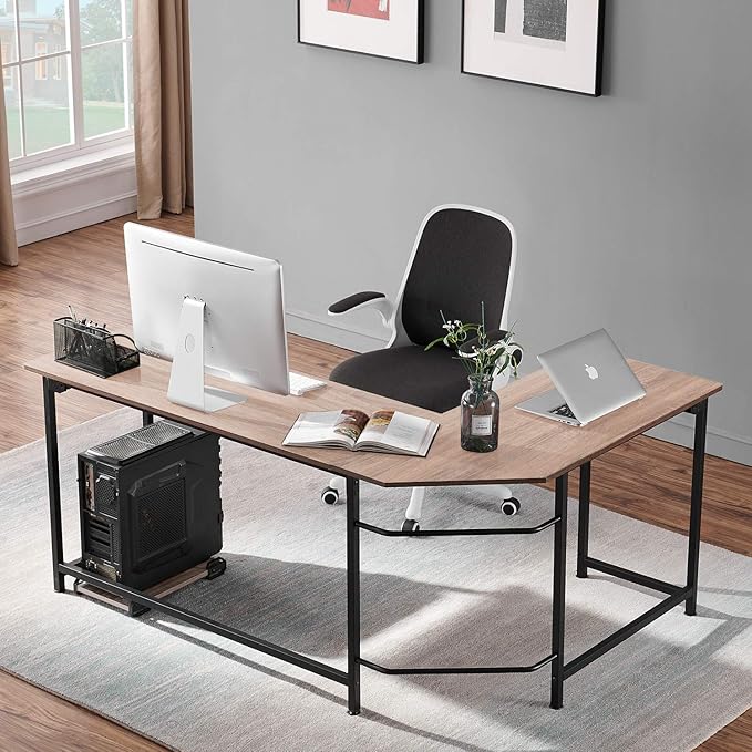 VECELO Corner DeskOffice Tables for Living Room for Small Space Triangle Computer Desk with Steel Frame Corner Shelves with Metal Frame Writing Desk for Workstation Classic White 66