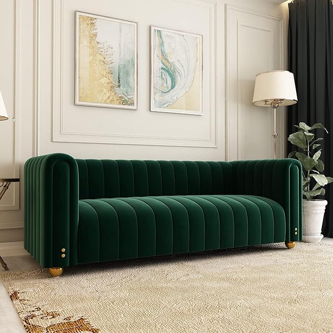 81 Green Velvet Sofa Mid Century Modern Couch for 3 Person Chesterfield Tufted Velvet Couches for Living Room Apartment Bedroom Office