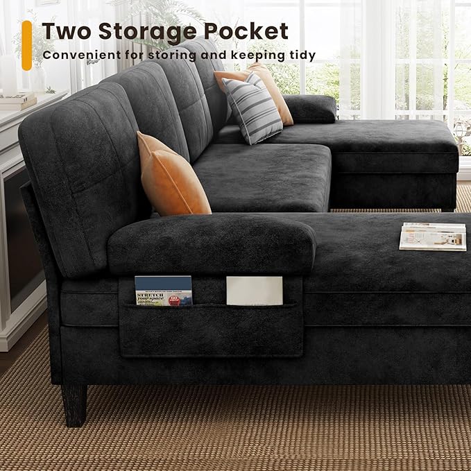 KKL Sectional Sofa Couch for Living Room U Shaped Couch with Storage Home Sofas with Chaise Modern Comfy Couches for Apartment Living Room Furniture Chenille (Black U Shape)