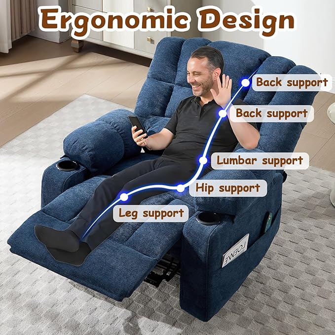 Massage Recliner Chair with Heat Blue Recliner Chair with Cup Holder for Adults Manual Reclining Chairs Large &amp Oversized Recliners for Living Room Fabric Heavy Duty (Blue)