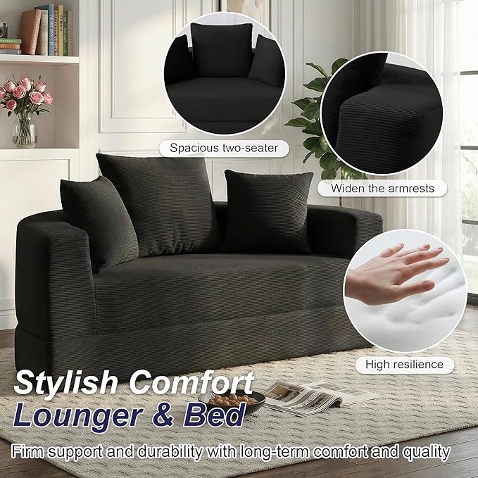 Casaphoria Modern Futon Sofa Bed67 Inch Wide Folding Couch with Wide Armrests and PillowsConvertible Lounger for ApartmentGuest RoomDaybed(Black)