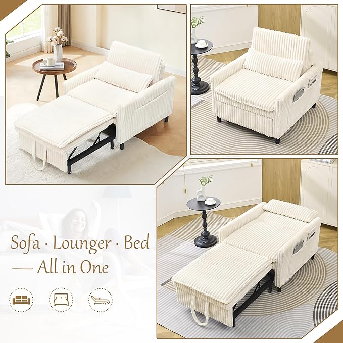 TTK 3-in-1 Convertible Corduroy Sleeper Chair – Plush Pull-Out Sofa Bed with Adjustable Backrest Compact Recliner Lounge Chair with 360° Rotating Side Table Perfect for Small Spaces Beige