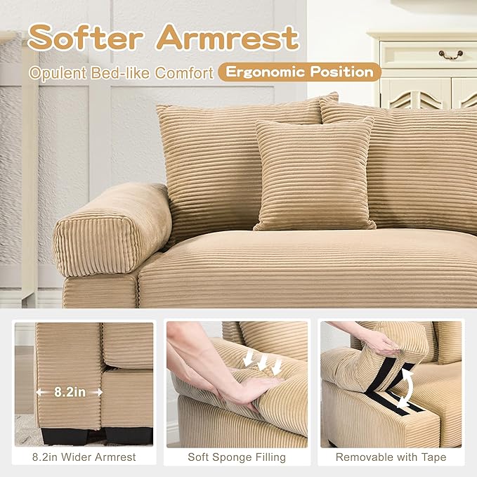 ERYE Modern Corduroy Upholstered Accent Chair Oversized Wider Seat Armchair Leisure Comfy Sofa Chair with Removable CushionArmrests and 3 Pillows for Home Apartment