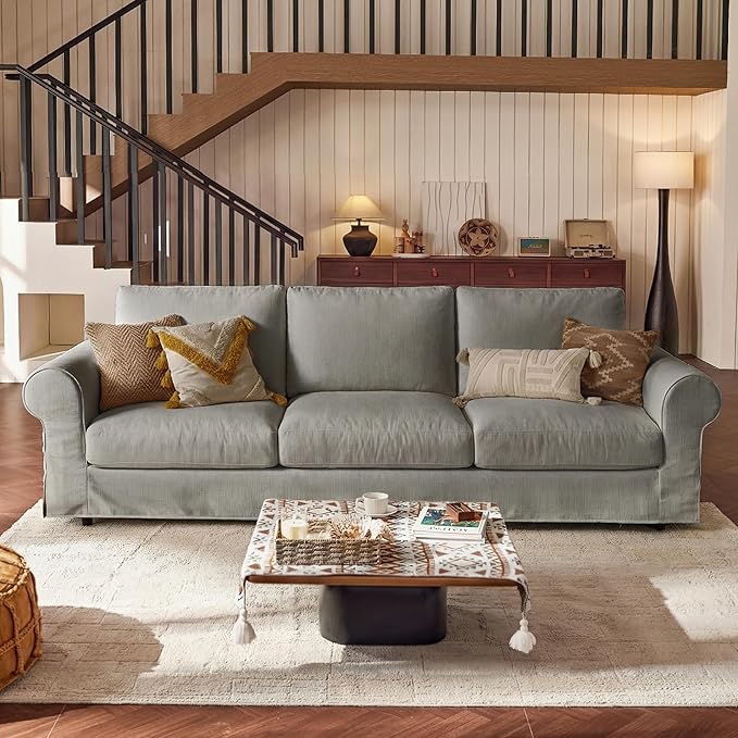 118 Oversized 3 Seater Cloud Couch Farmhouse Comfy Slipcoverd Sofa with Rolled Arms Washable Couches with Deep &amp Wide seat for Living Room Gray