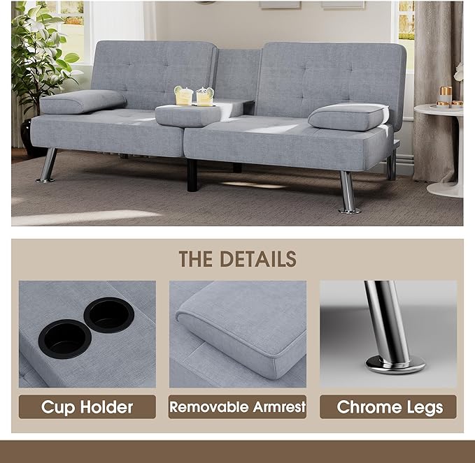 Flamaker Futon Sofa Bed Modern Folding Futon Set Linen Fabric Convertible Recliner Lounge for Living Room with 2 Cup Holders Removable Armrests (Fabric Light Grey)