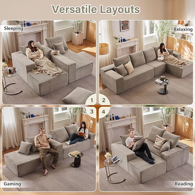 135 Cloud Sectional Couch with L-Shape Chaise Modern Modular Comfy Sofa Chaise Longue Upholstered Corduroy Couches Sleeper with Deep Seat for Living Room Bedroom No Assembly Required Camel
