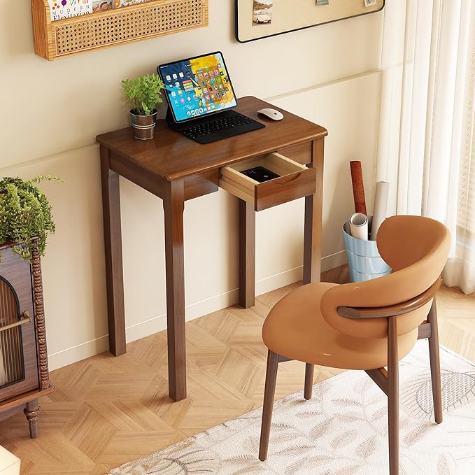Wood Desk with Drawers - Solid Wood Mid Century Modern Desks for Bedroom Small Computer Desk for Laptop Study Makeup 23.6 W x 29.5 H x 15.7 D in Walnut Color