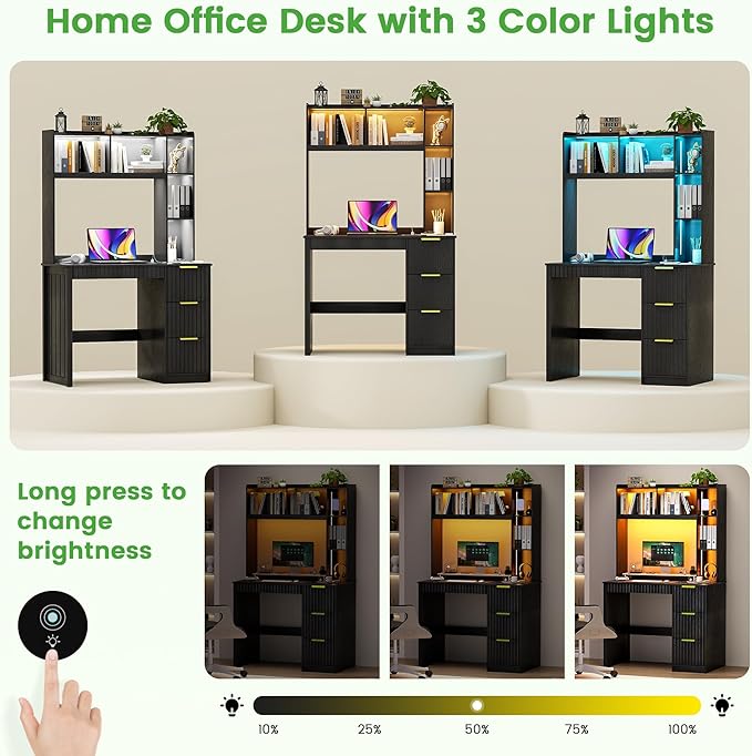 HNEBC Home Office Desk with Hutch and Drawers - 39 Standing Computer Desk with Charging Station&amp3 Color LightsHidden Compartment &amp Fluted Panel Design LED Writing Desk for Bedroom Study (B