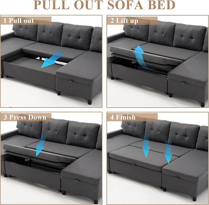 Sleeper Sofa Couch Oversized Pull Out Couch Bed with Storage Chaise Sectional Sleeper Sofa Bed for Living Room (Gray Double)