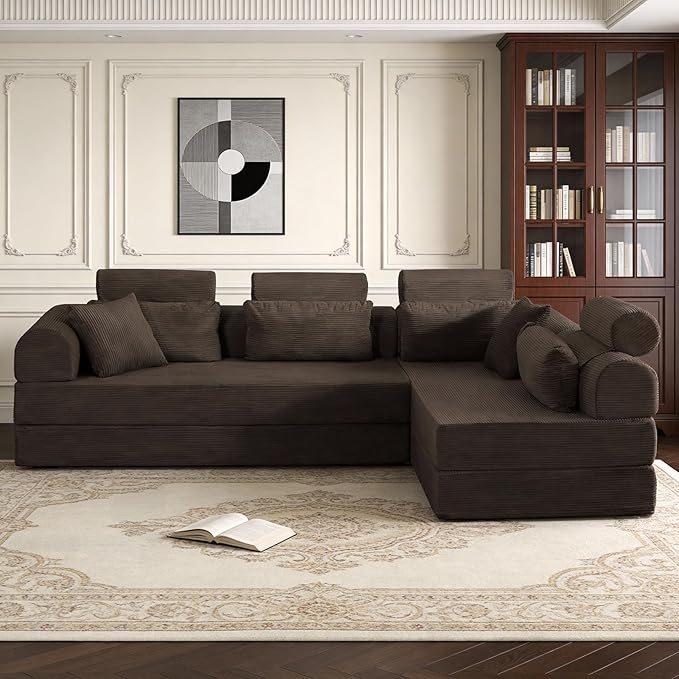 KEIKI 106 4Seat Modular Sectional Corduroy Sofa Couch for Rustic Home Apartment Living Family Friendly Rustic Homeowners Soft Plush Comfortable Cozy Relaxing Lounge Contemporary Design Brown
