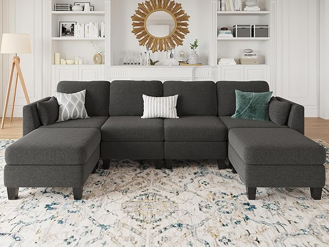 Modular Sectional Sofa 6 Seaters Modular Sleeper Sofa Couch Comfy Sectionals Couches Bed Convertible Sofas with Ottomans Sectional Couches for Living Room Dark Grey