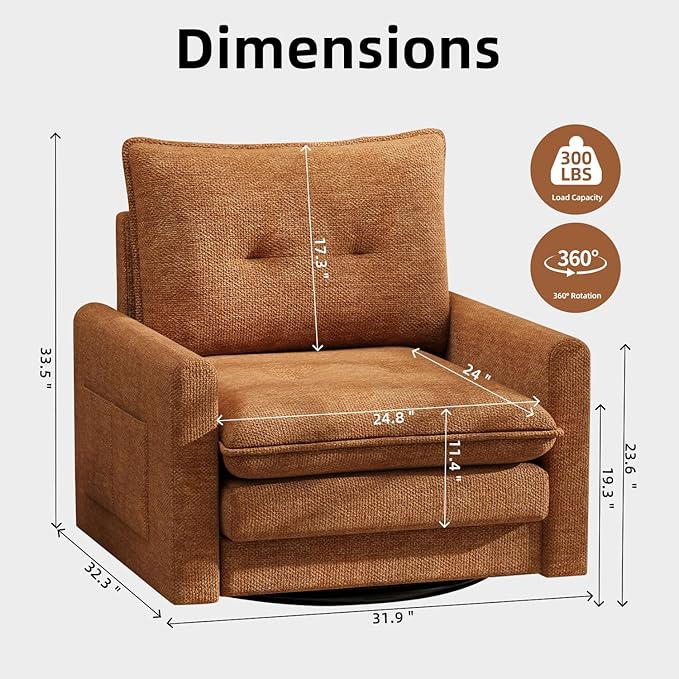 Cozy Swivel Accent Chair Modern Oversized Single Sofa with Armrest Comfy Upholstered Armchair Sofa Large Chenille Accent Chair for Living Room Bedroom Reading Room Brown