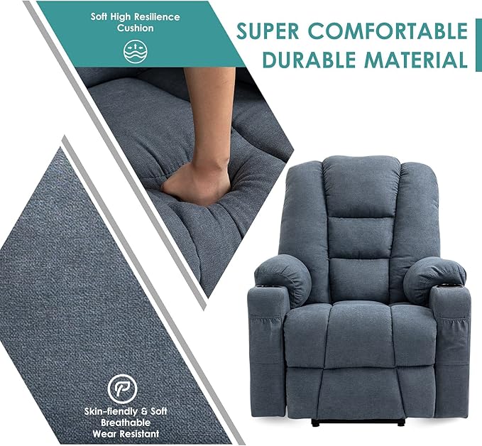 MEETWARM Power Lift Chair Electric Recliner for Elderly Heated Vibration Massage Soft Fabric Recliner Chair with 2 Remote Controls USB Ports Cup Holders &amp Side Pockets for Living Room (Gray-Blue