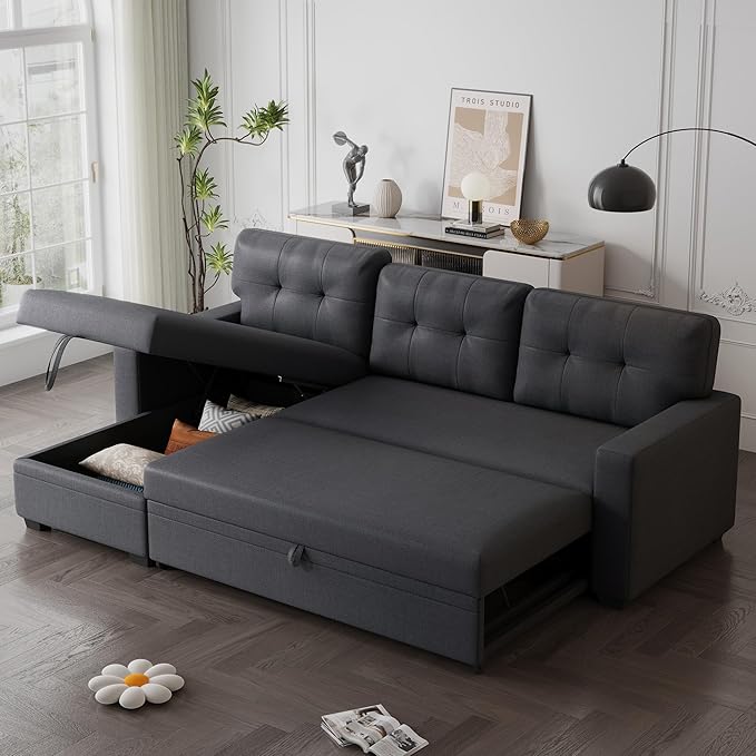 82 L-Shape Convertible Sleeper Sectional Sofa with Storage Chaise and Pull-Out BedModular Corner Couch Loungew/Removable 3 Back Cushions and Armrestfor Home FurnitureDark Gray