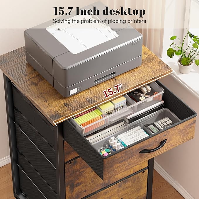 4 Drawers Mobile File Cabinet Vertical Filing Cabinet with Fabric Drawer Fits A4/Letter Size Printer Stand for Home OfficeRustic Brown