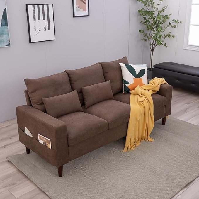 Panana 3 Seat Designer Sofa Couch Linen Fabric Wood Legs Brown