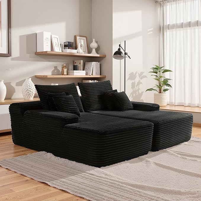 82 Oversized Sectional Couches for Living Room Black Corduroy Boneless Sofa Bed Double Comfy Chaise Lounge Chair Indoor Cloud Couch No Assembly(Black)