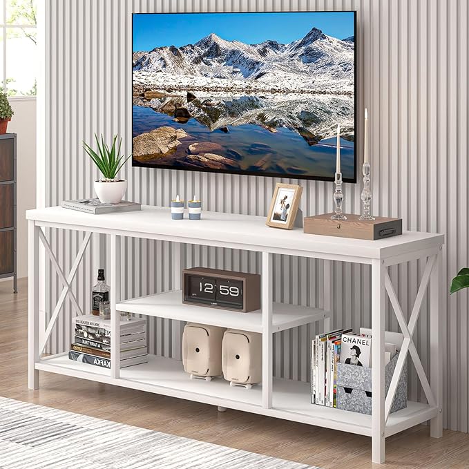 EXCEFUR 55 inch TV Stand for TV up to 65 inch Modern Media TV Console with Storage Shelves Entertainment Center for Living Room Bedroom White Oak