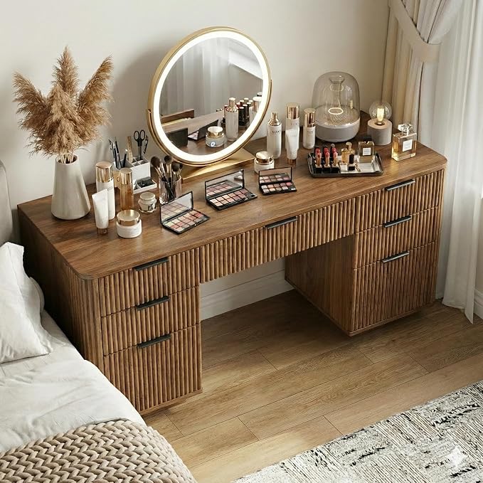 Walnut Desk with Drawers 55 Fluted Executive Desk with Storage Cabinet Wood Home Office Desk with File Cabinet Modern Computer Writing Desk for Study Living Room Bedroom