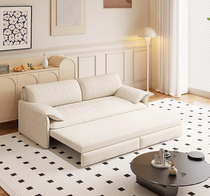 66 Queen Size Loveseat Sofa Bed Couch for Living RoomUpholstered Velvet Fabric3 in 1 Convertible Pull Out Sleeper Sofa for Apartment Office Studies-Beige