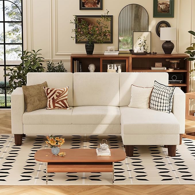 VICTONE Convertible Sectional Sofa Couch 3 Seat L-Shaped Sofa with Linen Fabric Ottoman Small Couch for Small Apartments Living Room and Office (Corduroy Cream)