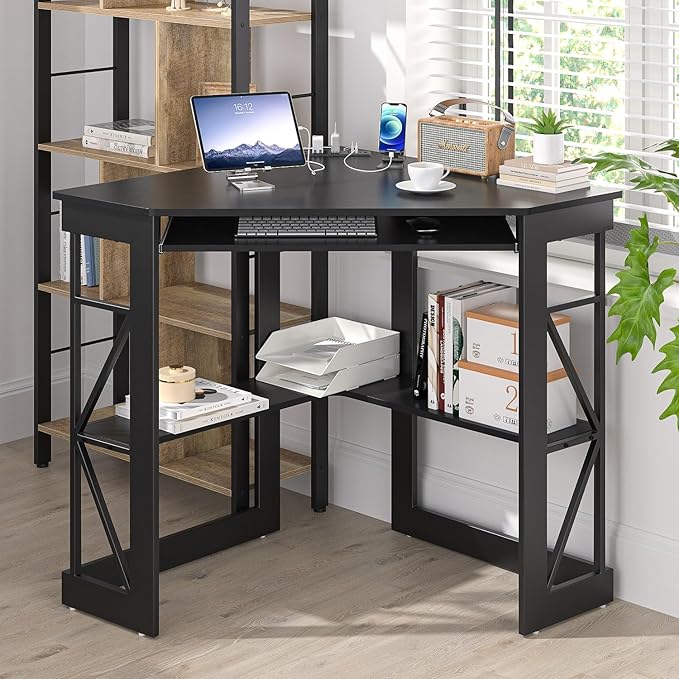 VECELO Corner Computer Desk 41x30 inches with Charging Station &amp Keyboard &amp Storage Shelves for Small SpaceTriangle Table for Home Office BedroomBlack