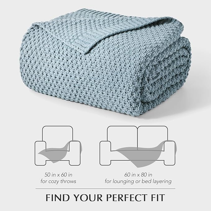 EVERGRACEHOME Chunky Chenille Knit Throw Blanket for Couch Soft Luxurious Moss Stitch Blankets for Bed Cozy Decorative Farmhouse Knitted Throws for Sofa Chambray Blue 60 x 80