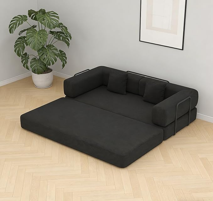 KEIKI Convertible Corduroy Sleeper Sofa Bed with Cylindrical Pillow Folding Floor Mattress Couch with Fixed Shape Frame for Living Room Studio Lounge