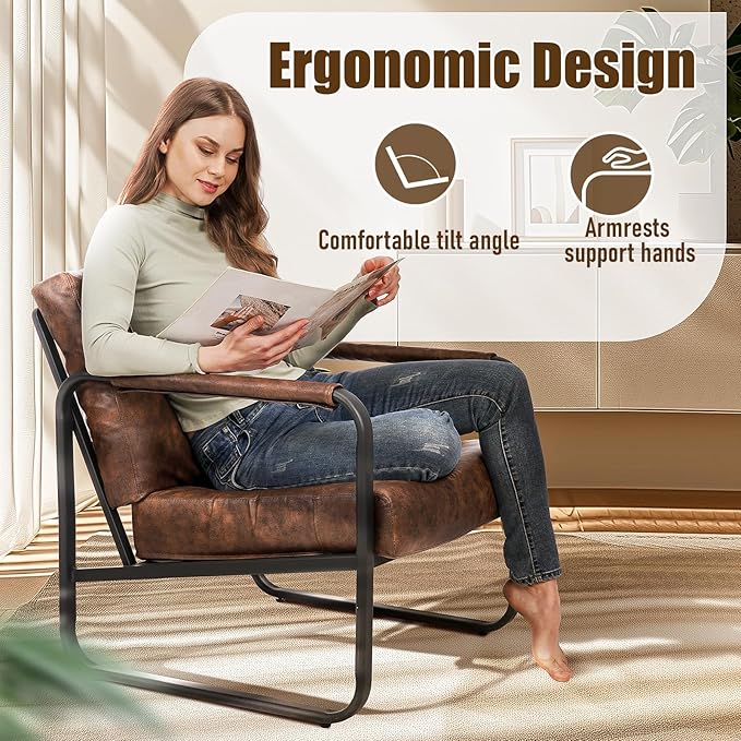 PrimeZone Mid-Century Modern Accent Chair Set of 3 - Comfy Faux Leather Living Room Chair Lounge Armchair with Extra Soft Padded &amp Cushion Ergonomic Accent Chair for Bedroom Office Brown