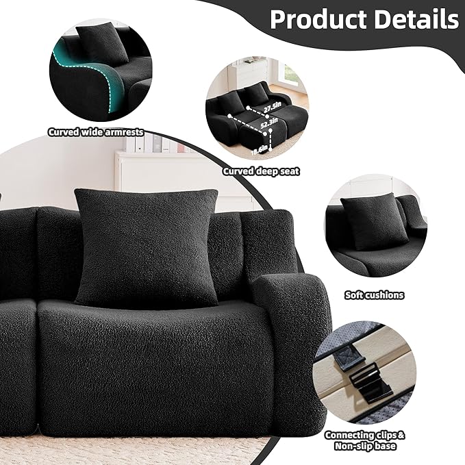 115.3 Inches Sectional Boneless Cloud Couch Super Soft Comfortable Curved Armrest Deep Seat Sofa with Pillow and Ottoman Sectional Couches for Living Room No Assembly Required