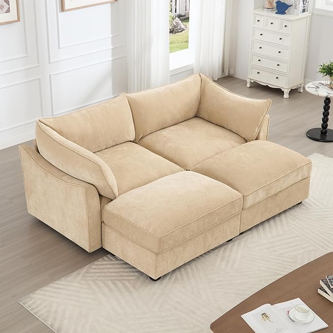 Aoowow Modular Sectional Sofa with Pullout Storage Seat 78.7” Chenille 2-Seat Sofa Couch Upholstered Love Seat Couches with 2 Storage Ottomans for Living Room Apartment OfficeWheat