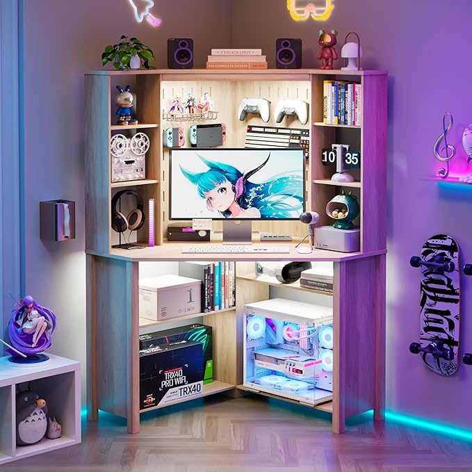 L-Shaped Corner Desk LED Light Computer Desk with Charging Station Hutch Storage Shelves &amp File Cabinet Home Office Desk Workstation for Small Space Natural Wood