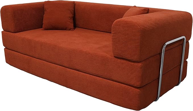 Convertible Couch Sofa Bed Foldable Floor Sleeper | All High-Density 35D Foam | Fold Out Deep Seat Couch | King Size | Compression Sofa Sleeper for Living Room Bedroom | Corduroy Orange
