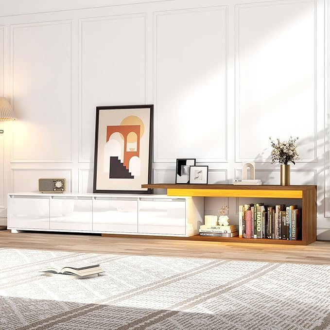 Extendable TV Stand with LED Light Modern Entertainment Center for up to 120 Inch TV Wood TV Media Console with 2 Drawers &amp 2 Cabinets for Living Room Bedroom 75-110 High Gloss White &amp W