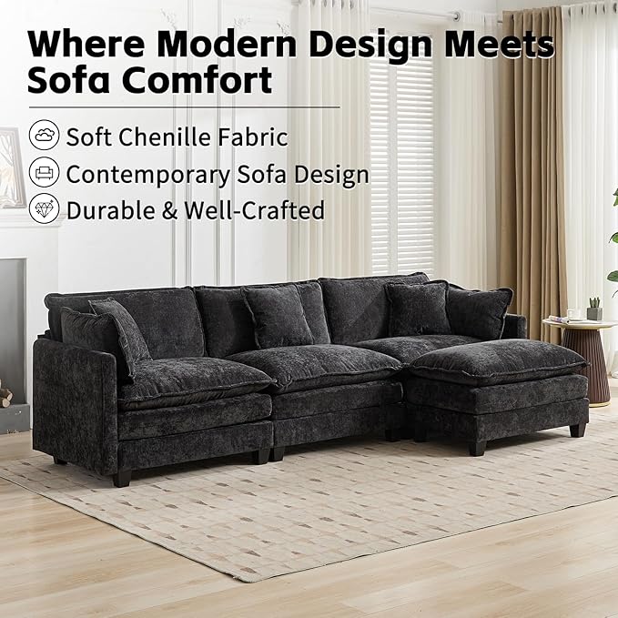 111.5 L Shaped Couch Modular Sectional Sofa Comfy Chenille Cloud Couch with Movable Ottoman and Pillow Modern 3-Seater Deep Seat Sofa for Living Room (BlackL Shaped Sofa)