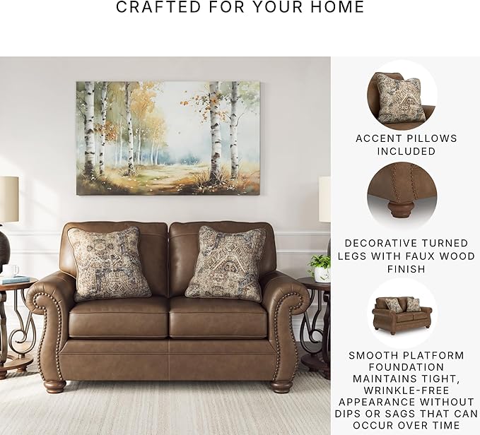 Signature Design by Ashley Shadsburne Rustic Faux Leather Loveseat with Nailhead Trim and 2 Throw Pillows Brown