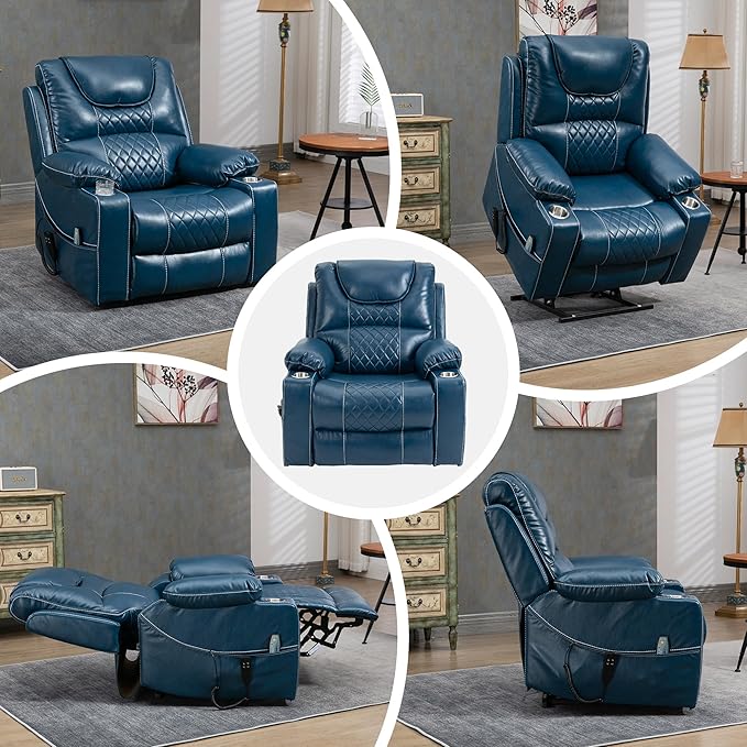 Large Power Lift Recliner Chair with Massage and Heat for Elderly Big and Tall People Dual Motor 180° Lay Flat Overstuffed Wide Leather Recliners with 2 Cup Holders Side Pocket