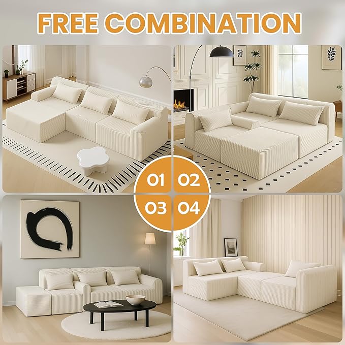 116 Boneless Couch Sectional Couches for Living RoomCloud Modular Sectional Sofa with Ottoman L-Shaped Modern Sofa with Deep Seat &amp High-Back DesignCorduroy 4-Seater Chaise Couch with 5 Pillows