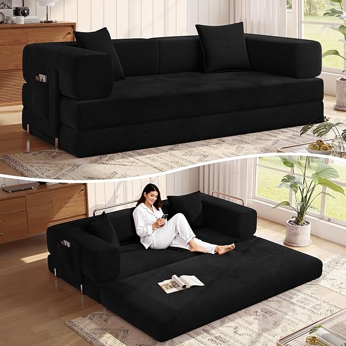 MoonSpeak 78.8''Sleeper Couch Bed for LivingroomConvertible Modular Sofa with Armrest PillowModular Foldable Corduroy Couches in a BoxNo Assembly (Black)