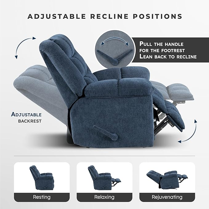 Lexicon Chenille Rocker Reclining Chair for Adults Rocker Pull Handle Recliner Nursery Chair for Living Room/Bedroom High Back Pillow Top Arms High Density Foam Cushions Blue